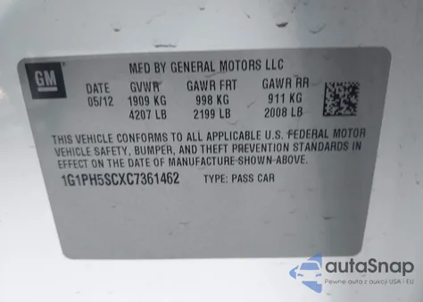 2012 Chevrolet Cruze Ltz from USA, damaged, VIN 1G1PH5SCXC7361462